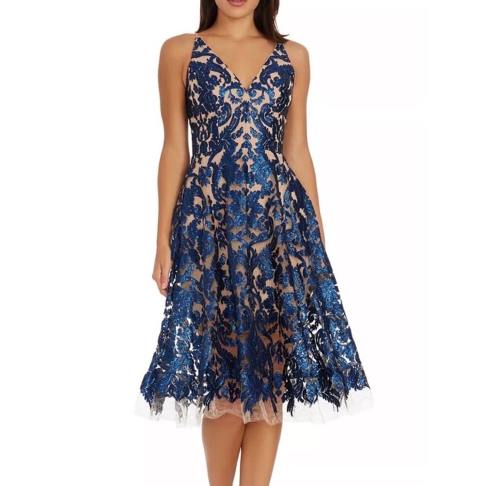 Dress The Population Blair Blue and Nude Lace Sequin Dress S